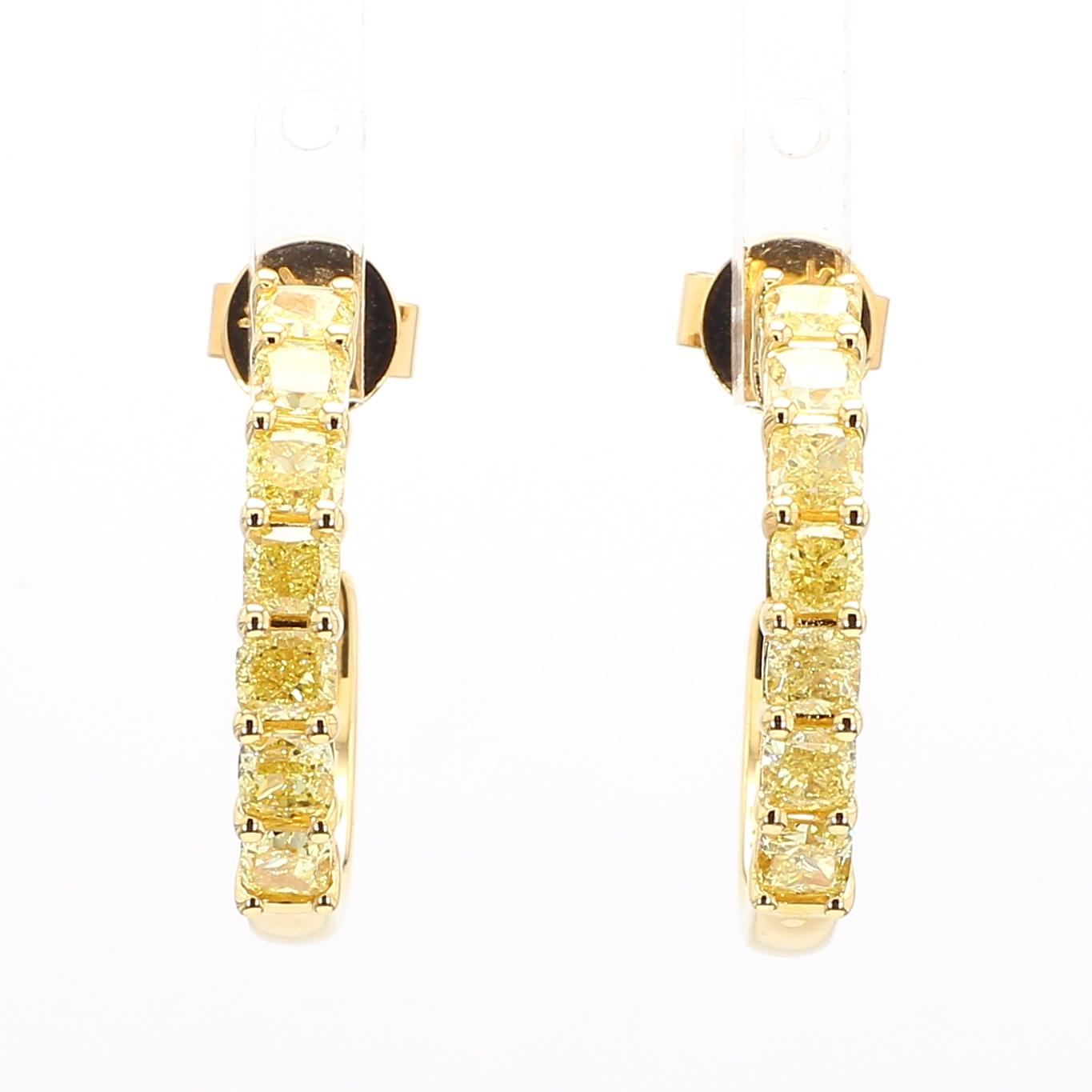 Natural Yellow Cushion Diamond 2.56 Carat TW Yellow Gold Drop Earrings