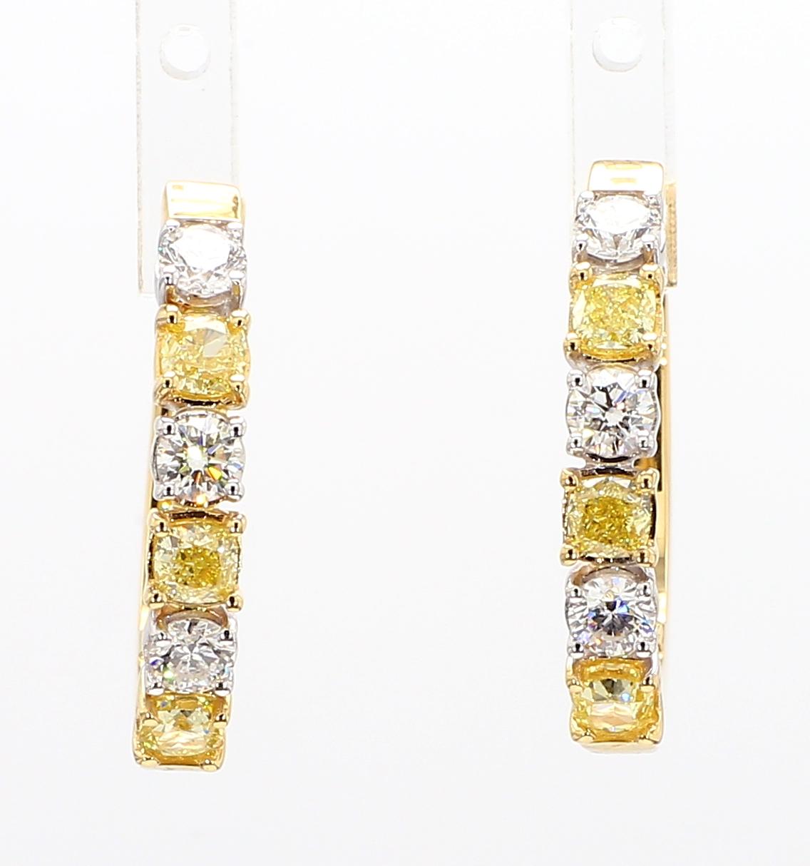 Natural Yellow Cushion Diamond 1.86 Carat TW Gold Hoop Earrings