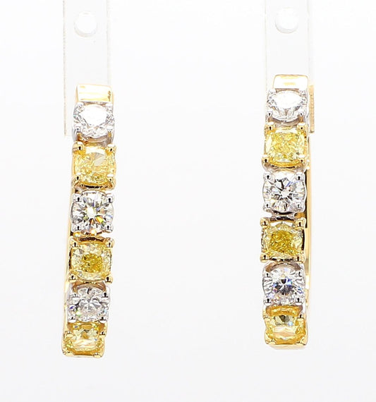 Natural Yellow Cushion Diamond 1.86 Carat TW Gold Hoop Earrings