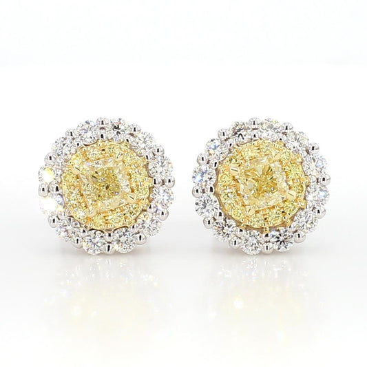 Natural Yellow Cushion Diamond 1.18 Carat TW Gold Stud Earrings