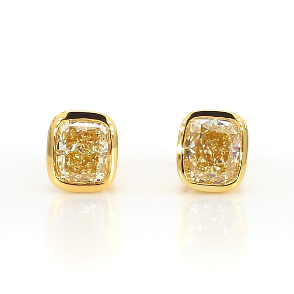 GIA Certified Natural Yellow Cushion Diamond 1.46 Carat TW Gold Stud Earrings