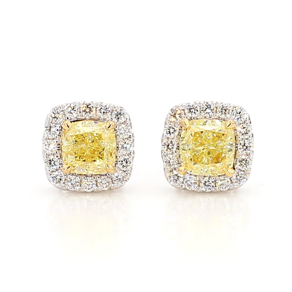 Natural Yellow Cushion Diamond 1.75 Carat TW Gold Stud Earrings