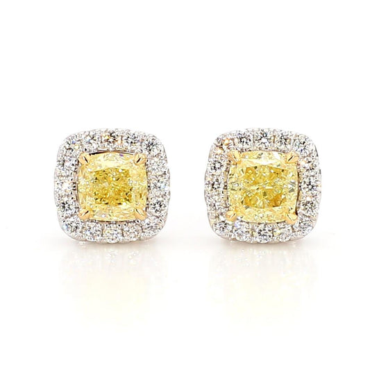 Natural Yellow Cushion Diamond 1.75 Carat TW Gold Stud Earrings