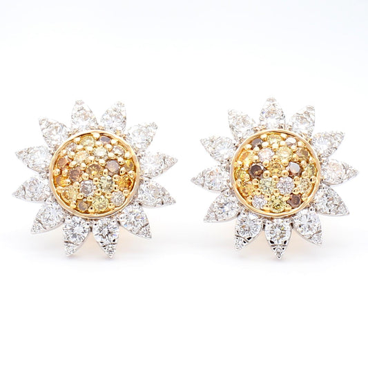 Natural Yellow Round and White Diamond 1.69 Carat TW Gold Stud Earrings