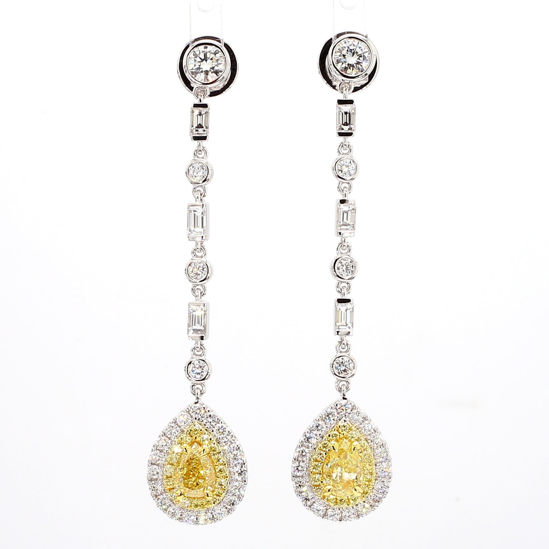 GIA Certified Natural Yellow Pear Diamond 3.39 Carat TW Gold Drop Earrings