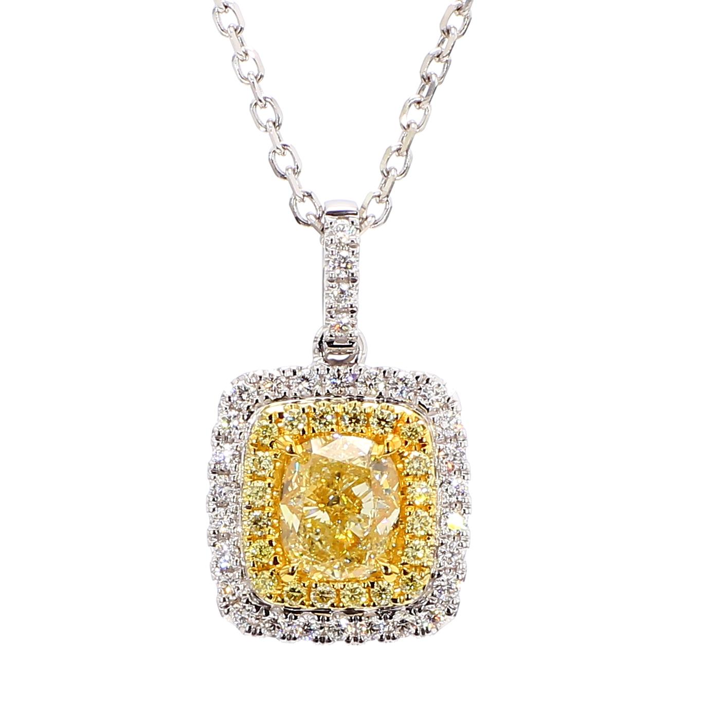 GIA Certified Natural Yellow Cushion Diamond 1.47 Carat TW Gold Drop Pendant