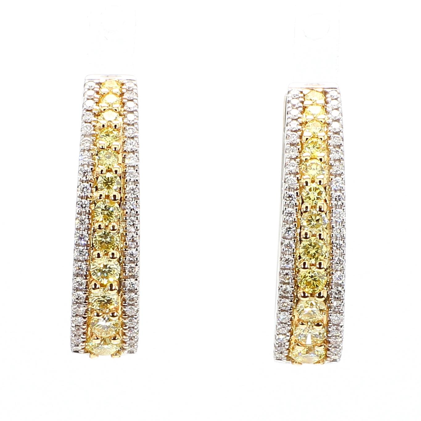 Natural Yellow Round and White Diamond 1.06 Carat TW Gold Hoop Earrings