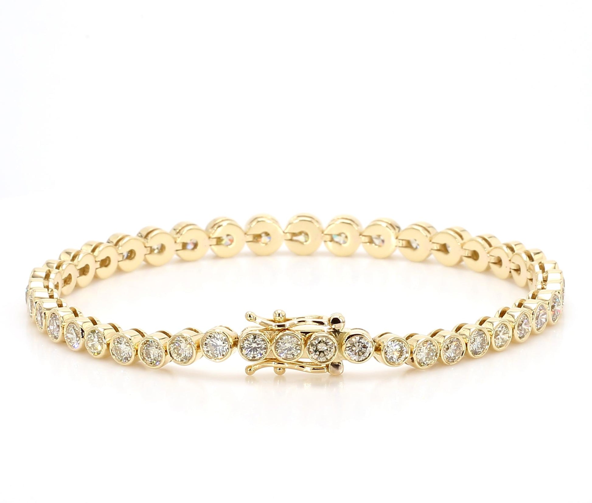 Natural White Round Diamond 6.76 Carat TW Yellow Gold Tennis Bracelet