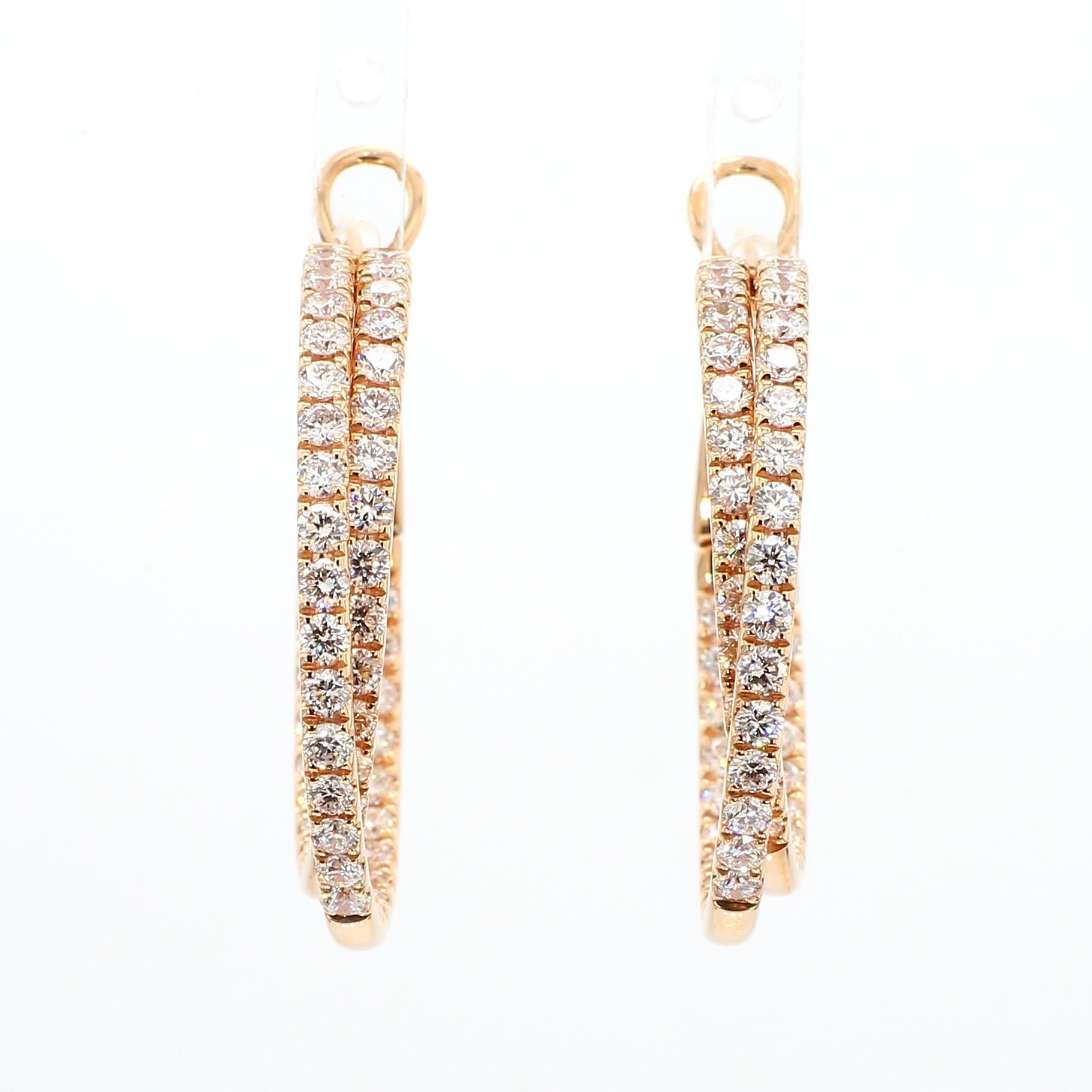 Natural White Round Diamond 2.62 Carat TW Rose Gold Hoop Earrings