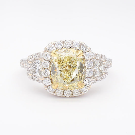 GIA Certified Natural Yellow Cushion Diamond 3.40 Carat TW Gold Cocktail Ring