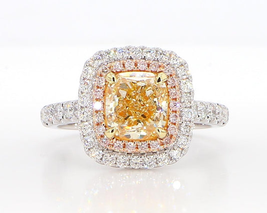 GIA Certified Natural Yellow Cushion Diamond 2.64 Carat TW Gold Cocktail Ring