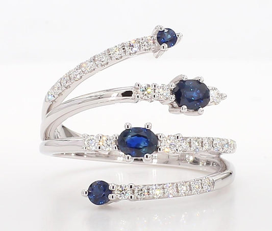 Natural Blue Oval Sapphire and White Diamond 0.90 Carat TW Gold Cocktail Ring