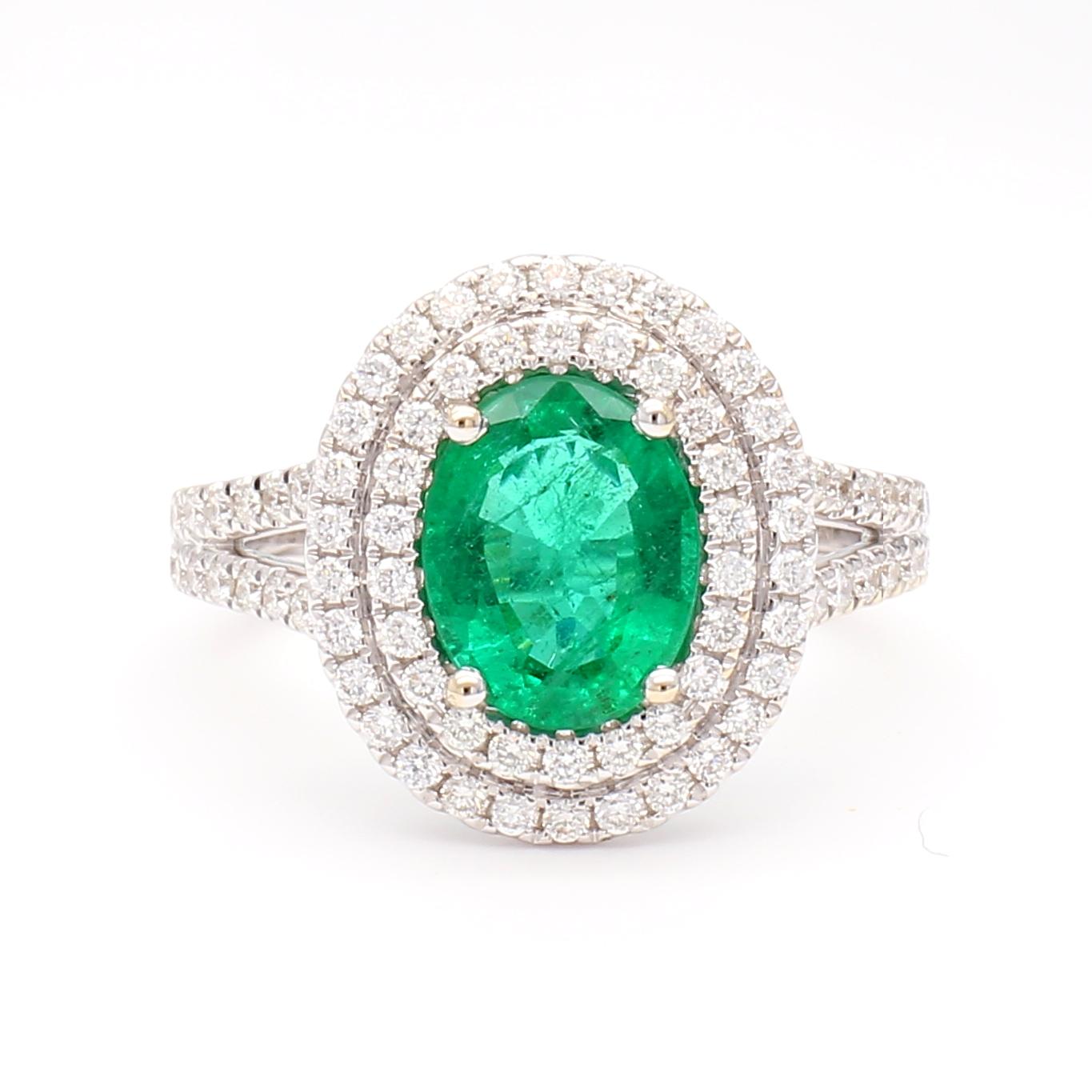 Natural Oval Emerald and White Diamond 2.18 Carat TW Gold Cocktail Ring