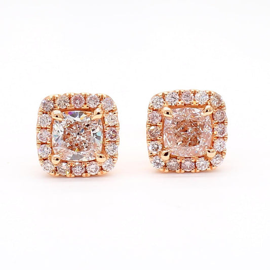 GIA Certified Natural Pink Cushion Diamond 1.74 Carat TW Gold Stud Earrings