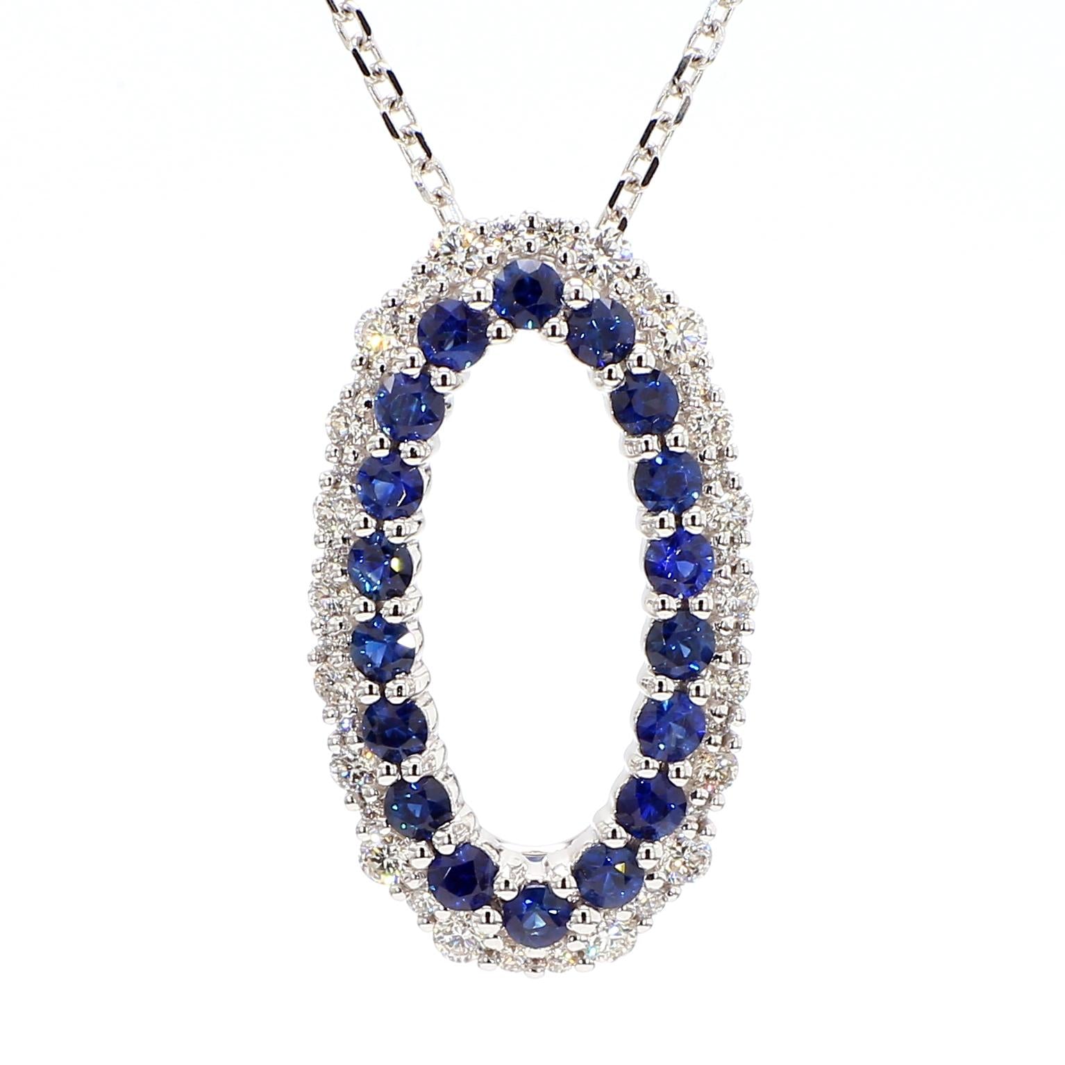 Natural Blue Round Sapphire and White Diamond 1.65 Carat TW Gold Drop Pendant