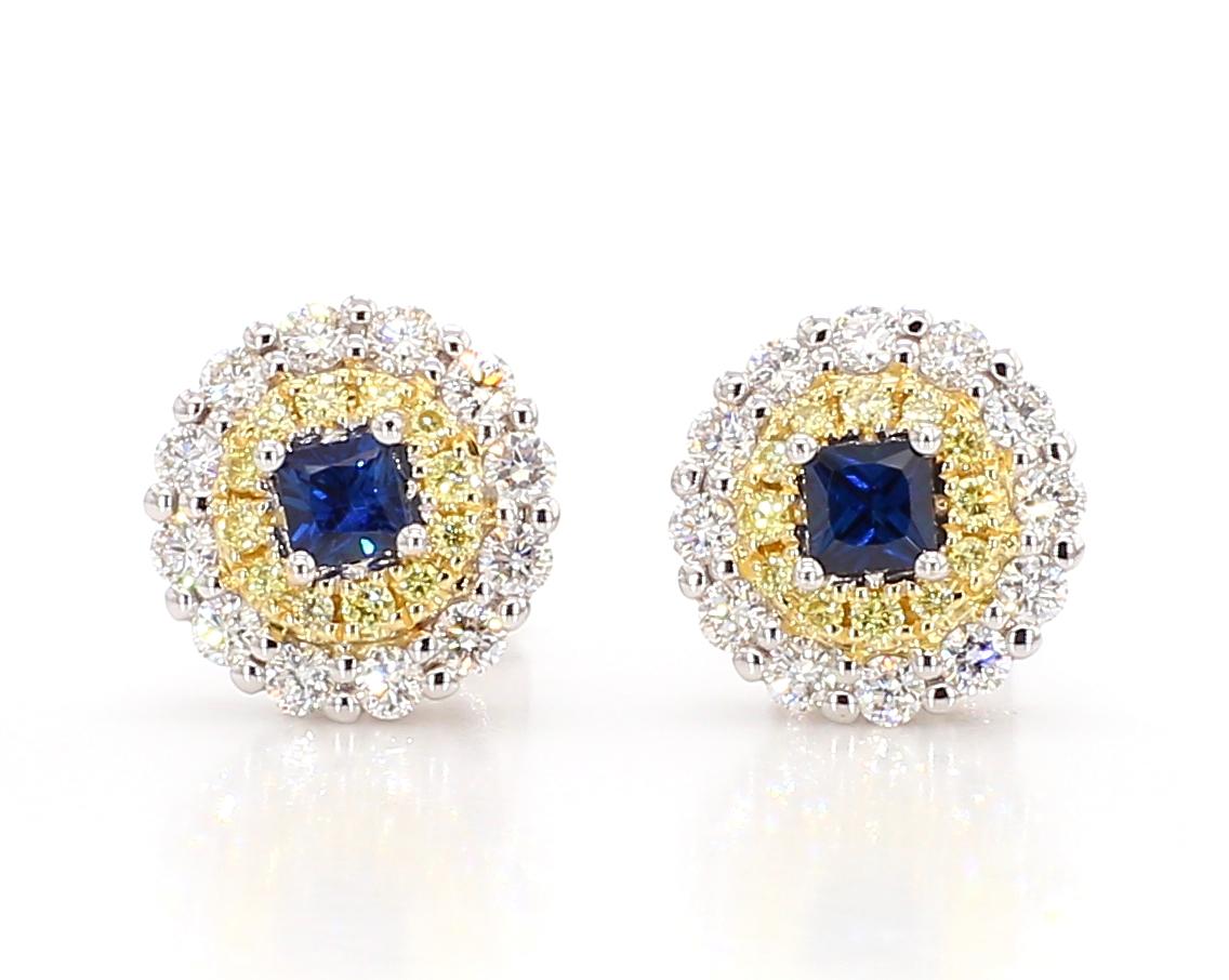 Natural Blue Princess Sapphire and Diamond 1.05 Carat TW Gold Stud Earrings