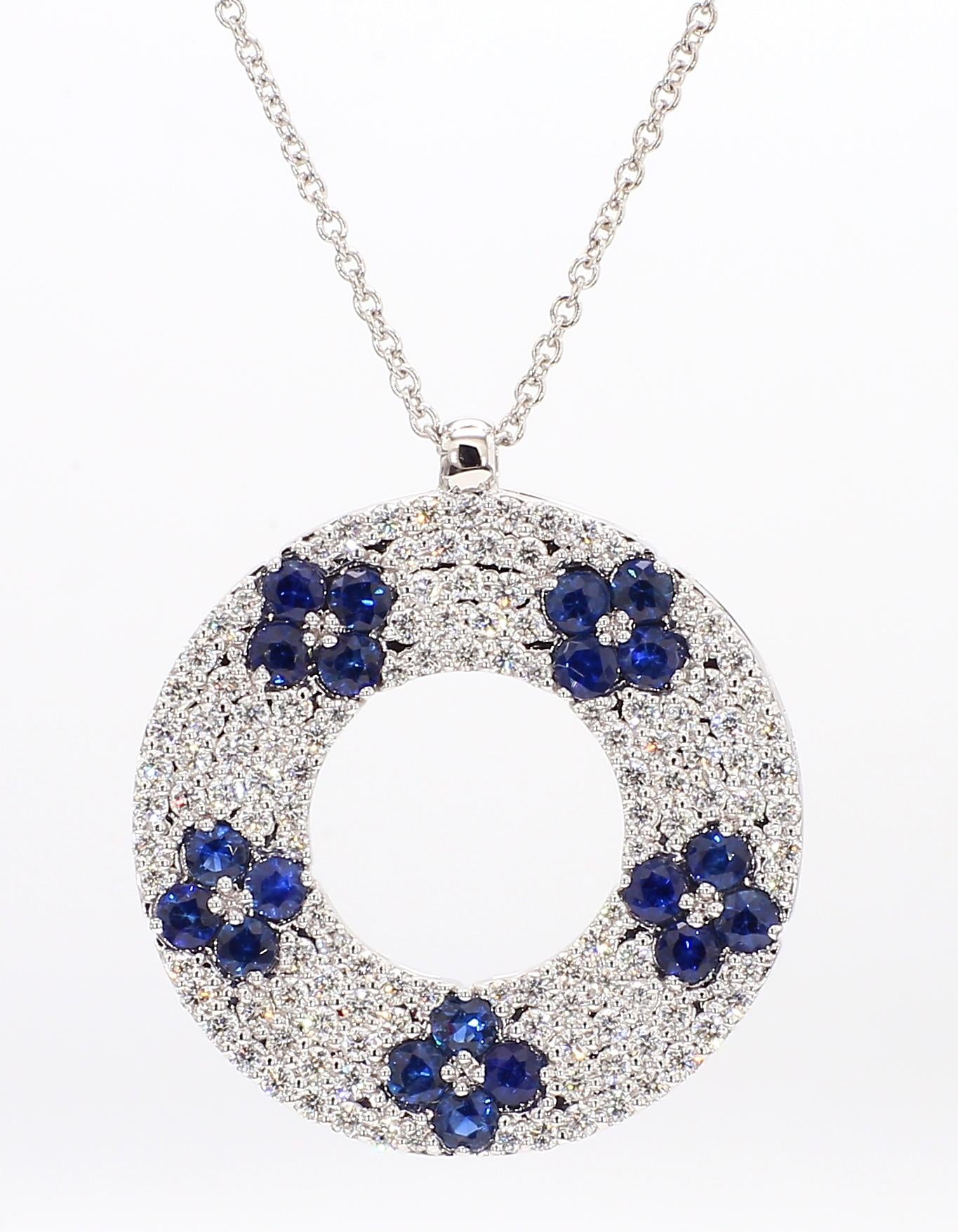 Natural Blue Round Sapphire and White Diamond 2.31 Carat TW White Gold Necklace