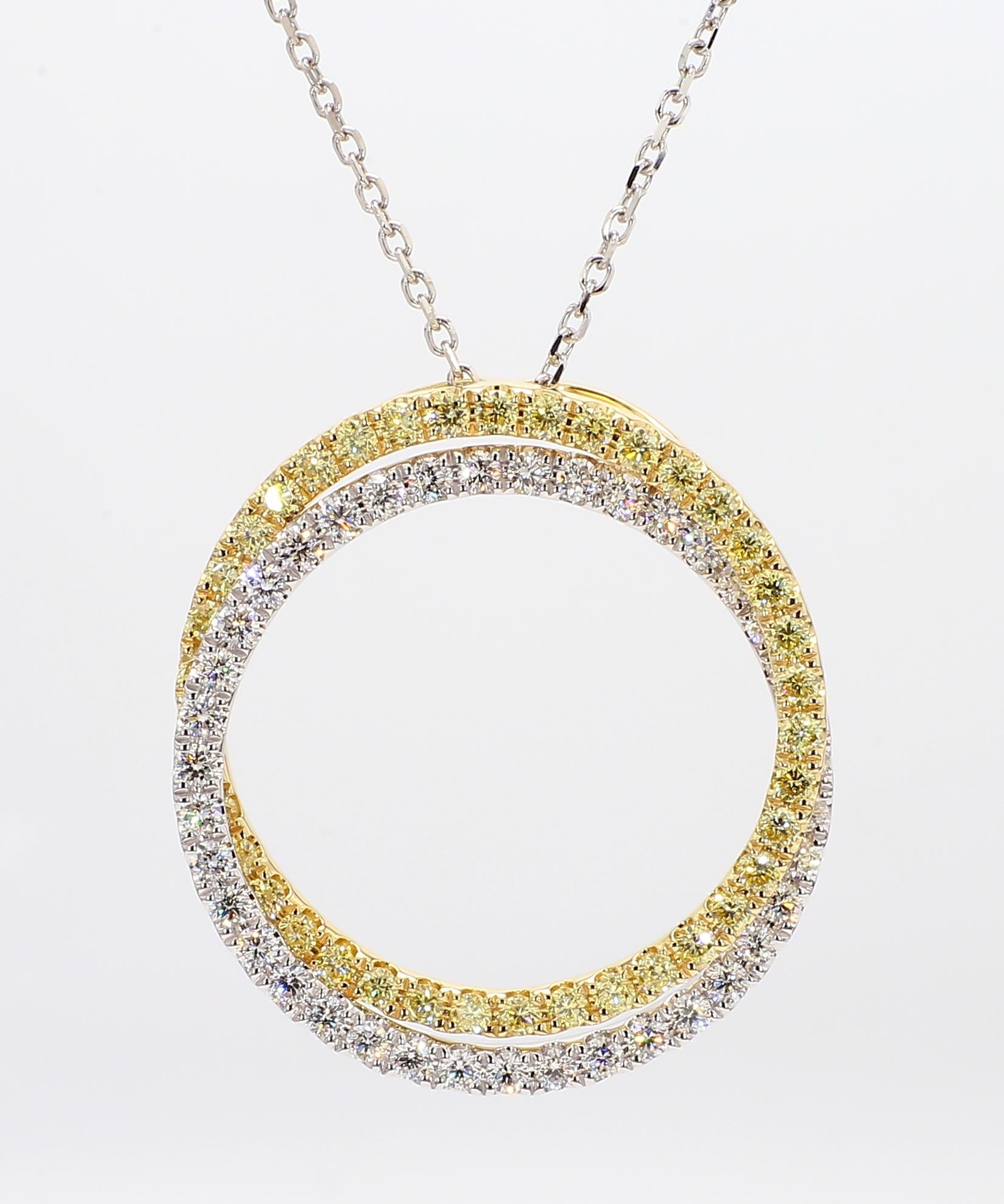 Natural Yellow Round and White Diamond 1.97 Carat TW Gold Circle Pendant