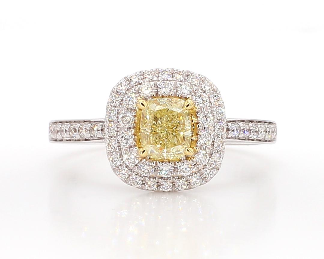 Natural Yellow Cushion and White Diamond 1.10 Carat TW Gold Cocktail Ring