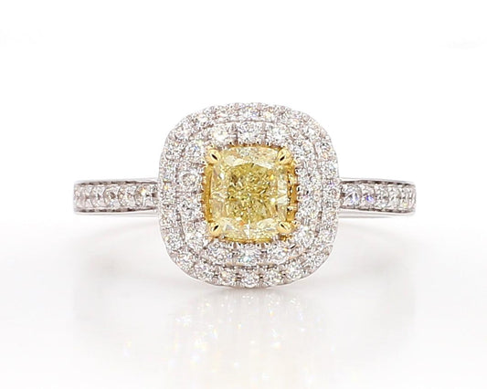 Natural Yellow Cushion and White Diamond 1.10 Carat TW Gold Cocktail Ring