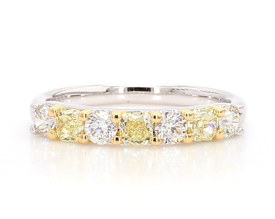 Natural Yellow Radiant and White Diamond .93 Carat TW Gold Wedding Band