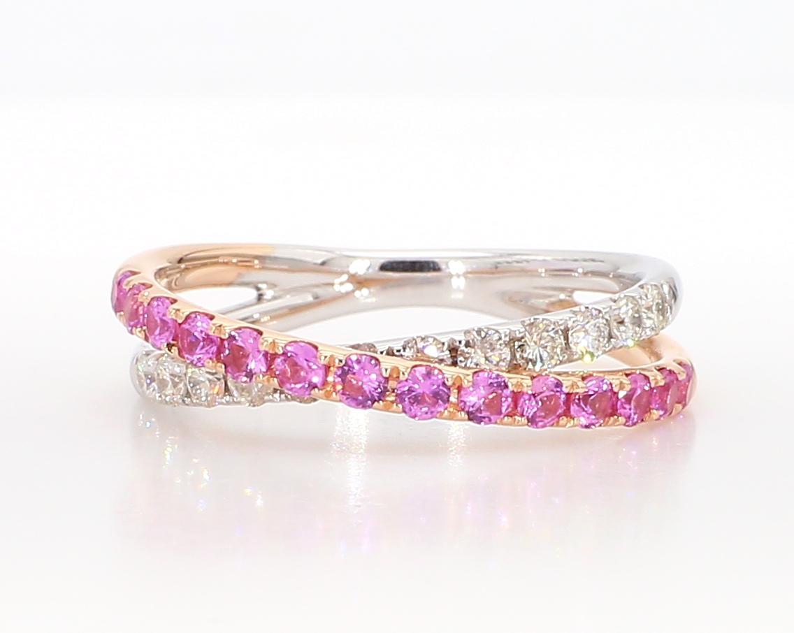 Natural Pink Round Sapphire and White Diamond .82 Carat TW Gold Wedding Band