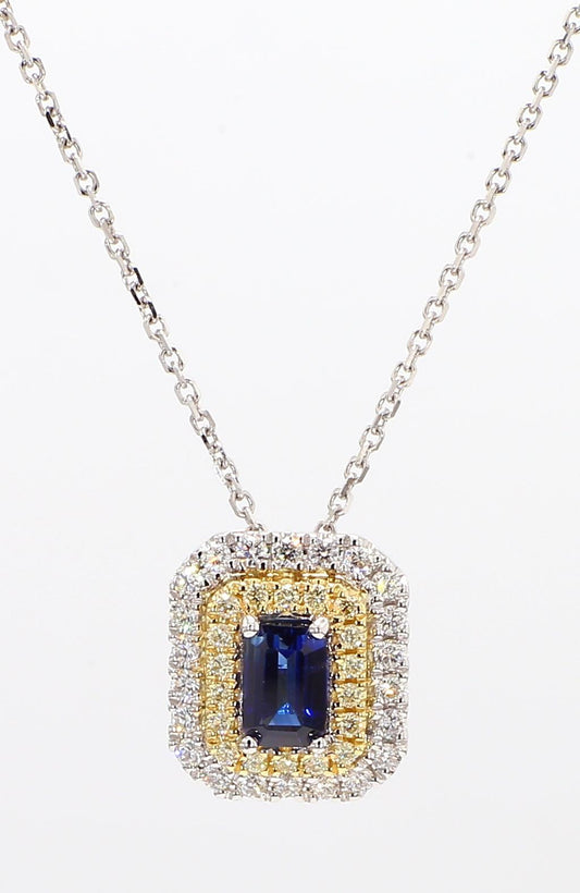 Natural Blue Emerald Cut Sapphire and Diamond 1.05 Carat TW Drop Pendant