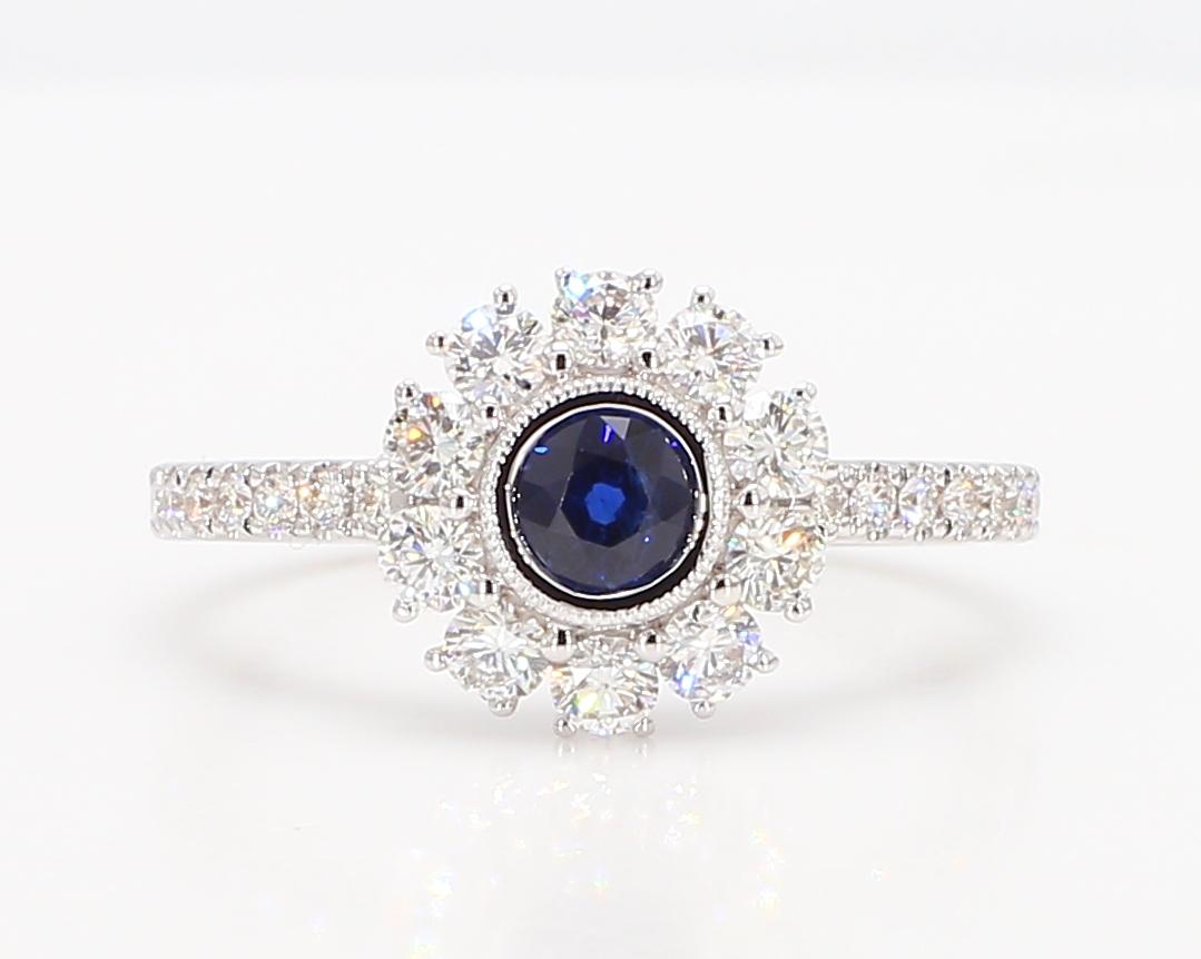 Natural Blue Round Sapphire and White Diamond 1.00 Carat TW White Gold Ring