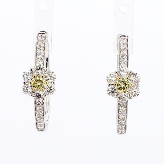 Natural Yellow Round and White Diamond .90 Carat TW Gold Hoop Earrings