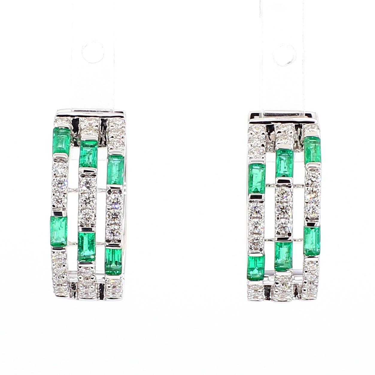 Natural Emerald and White Diamond .84 Carat TW Gold Hoop Earrings