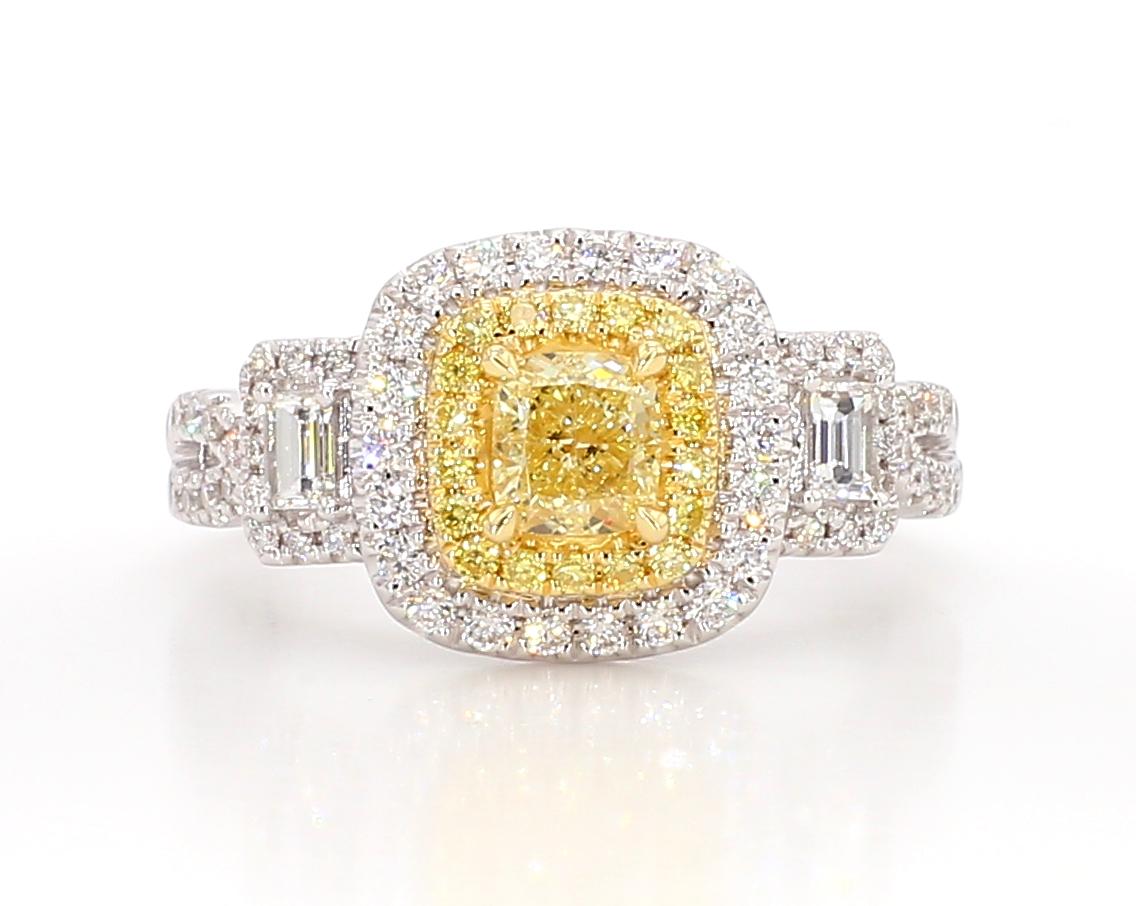 Natural Yellow Cushion and White Diamond 1.25 Carat TW Gold Cocktail Ring