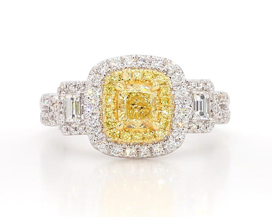 Natural Yellow Cushion and White Diamond 1.25 Carat TW Gold Cocktail Ring