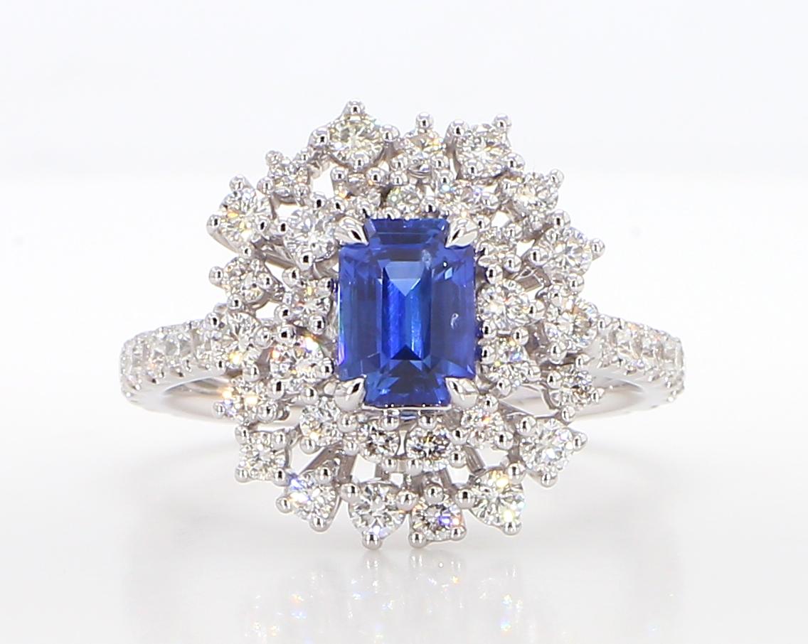 Natural Blue Radiant Sapphire and White Diamond 2.28 Carat TW Gold Cocktail Ring