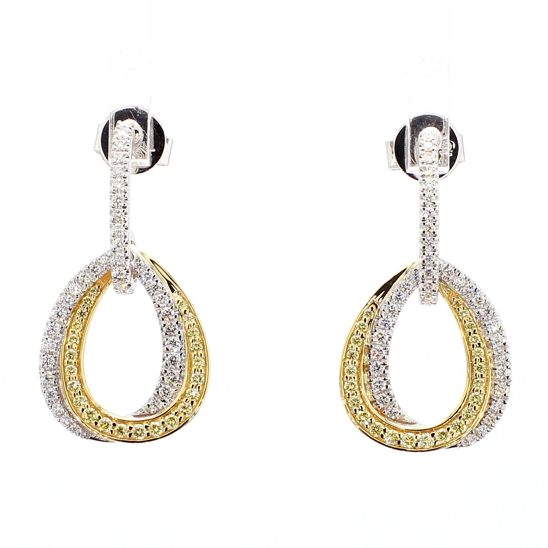 Natural Yellow Round and White Diamond 0.79 Carat TW Gold Drop Earrings