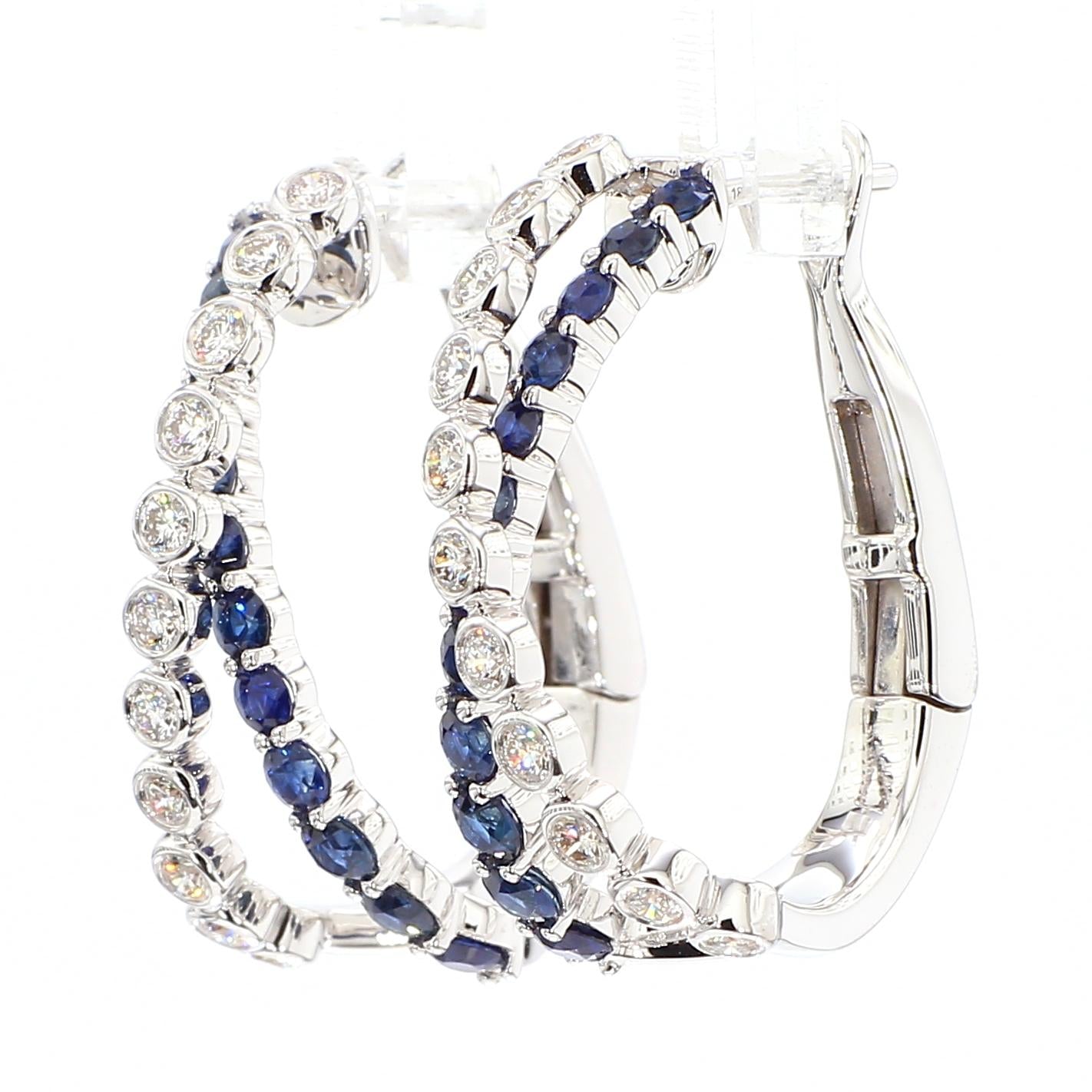 Natural Blue Round Sapphire and Diamond 2.01 Carat TW Gold Hoop Earrings