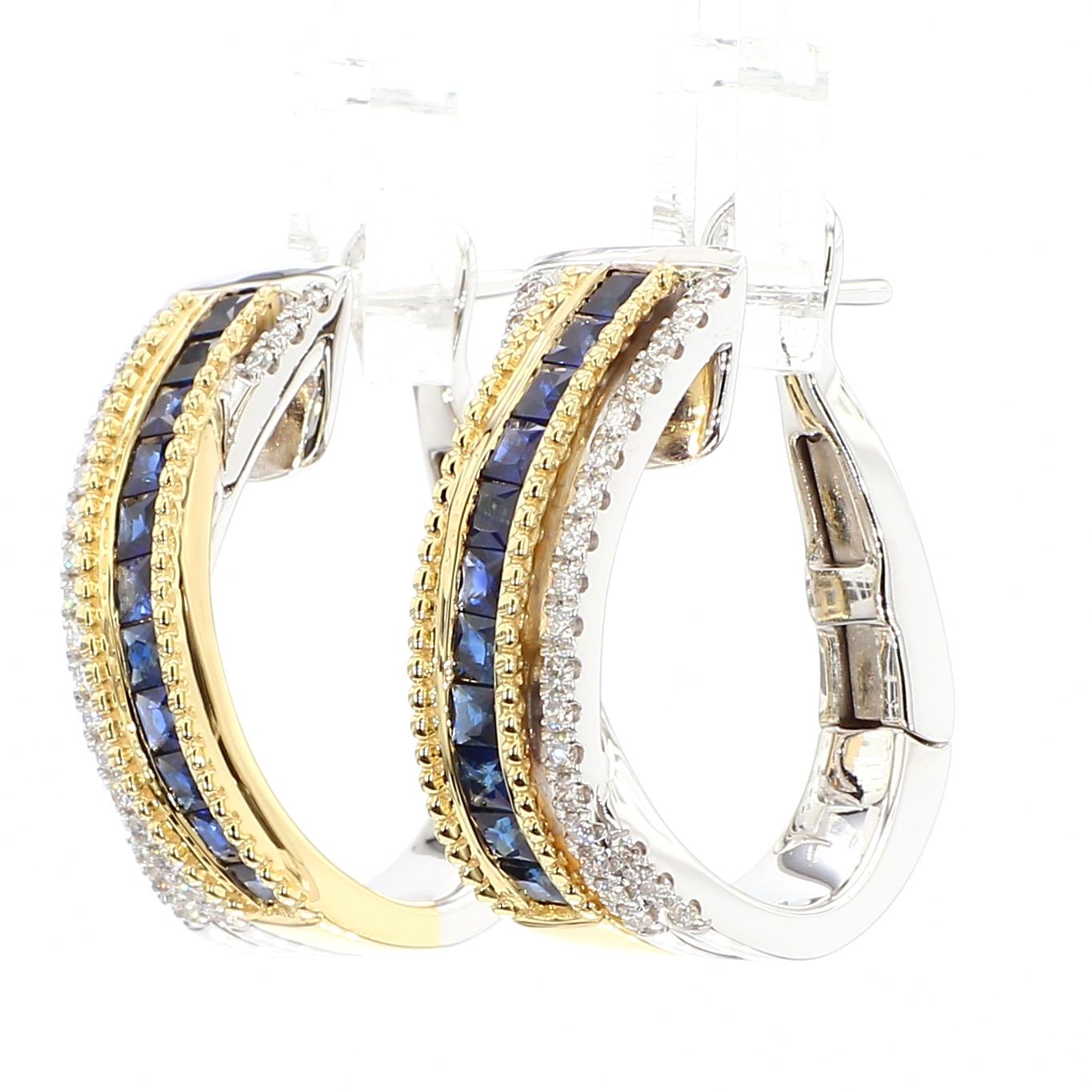 Natural Blue Princess Sapphire and Diamond 1.61 Carat TW Gold Hoop Earrings