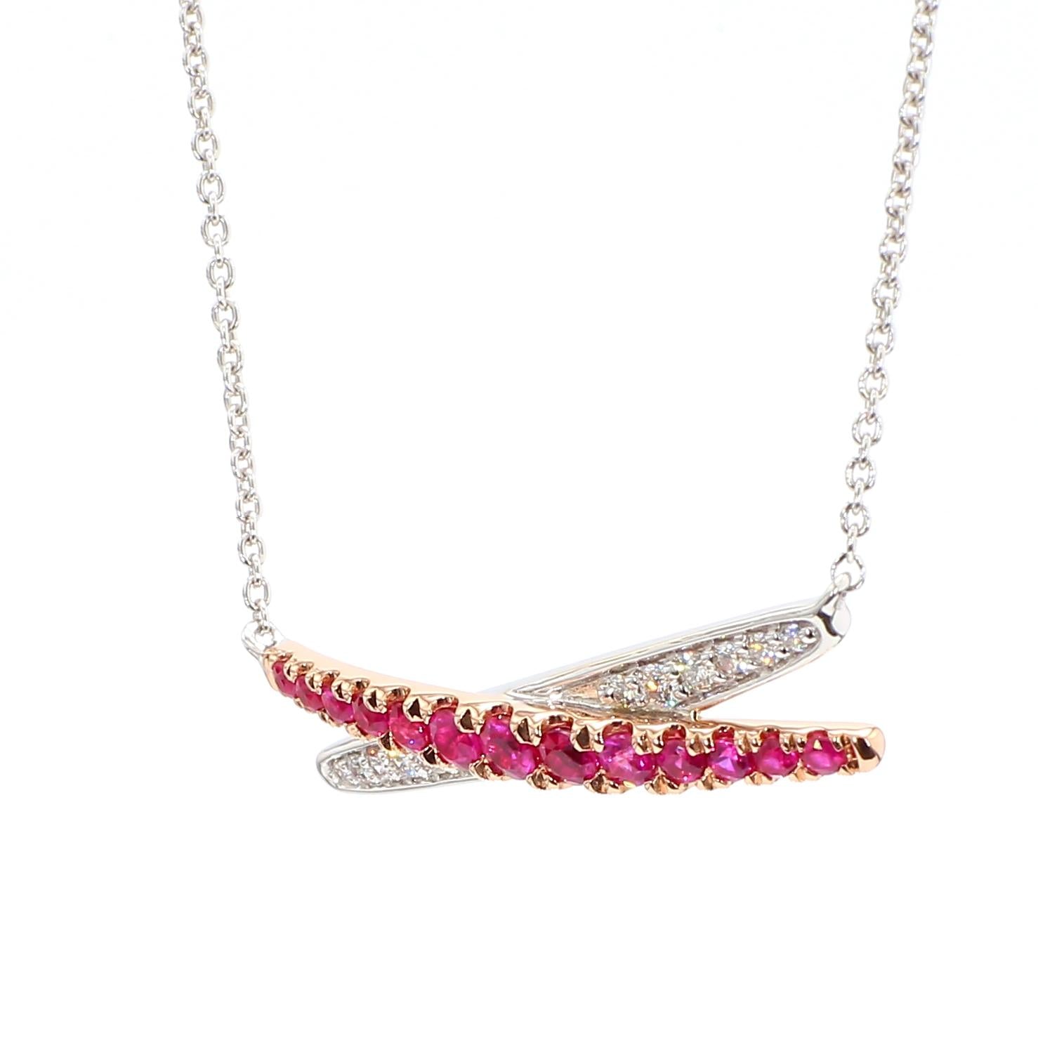 Natural Round Red Ruby and White Diamond .56 Carat TW Rose Gold Drop Necklace