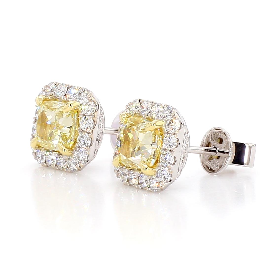 GIA Certified Natural Yellow Cushion Diamond 2.21 Carat TW Gold Stud Earrings