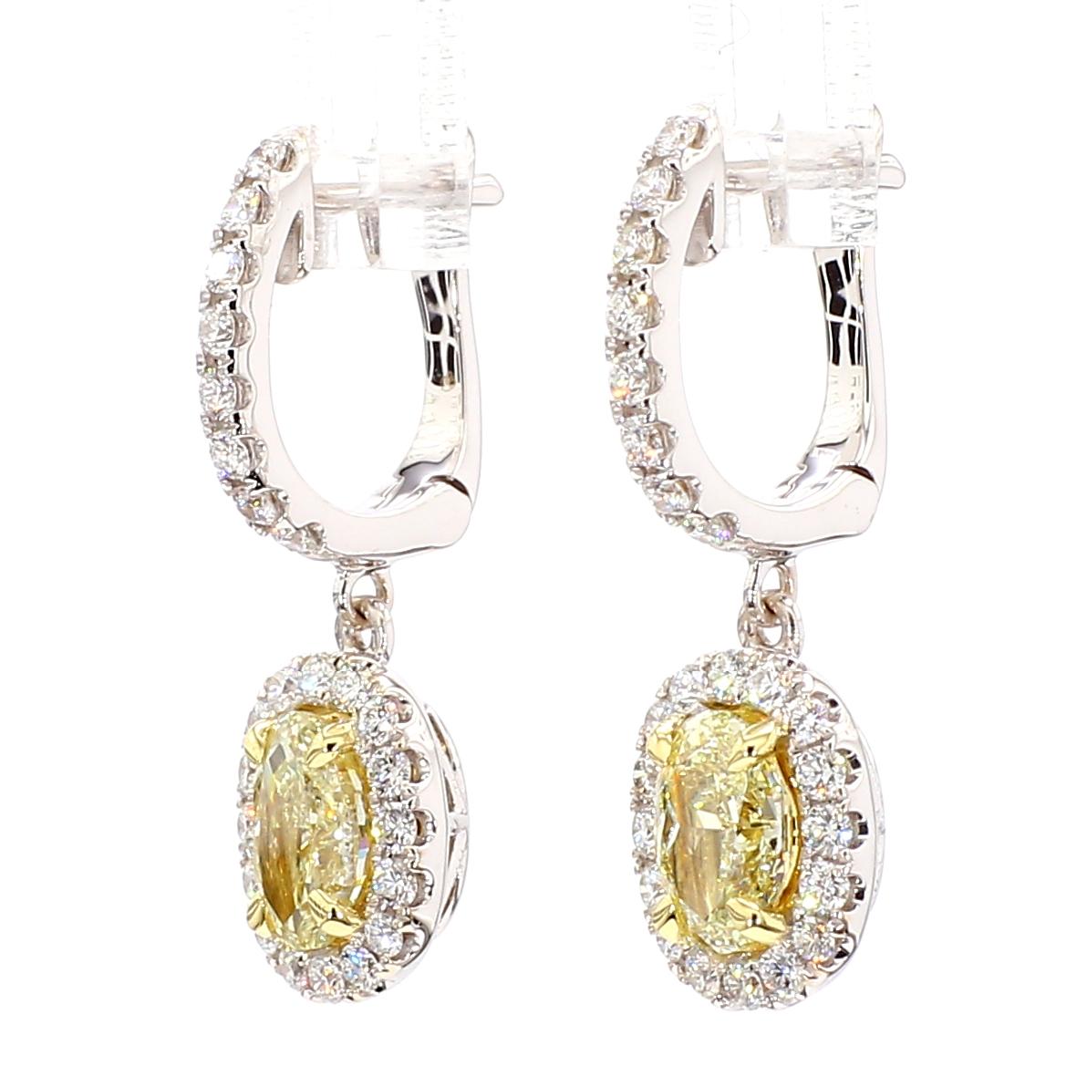 GIA Certified Natural Yellow Oval Diamond 2.08 Carat TW Gold Drop Earrings