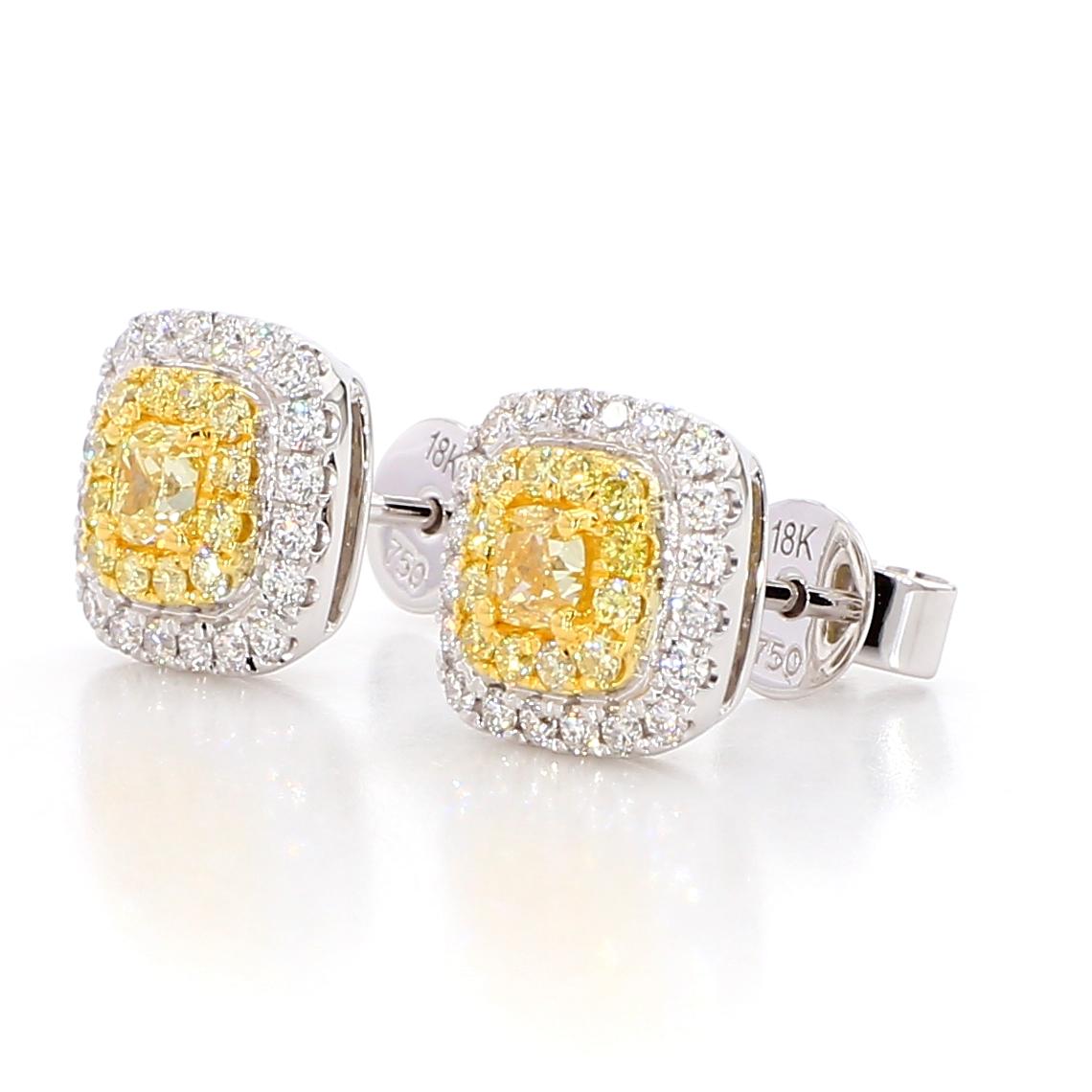 Natural Yellow Cushion Diamond 0.84 Carat TW Gold Stud Earrings