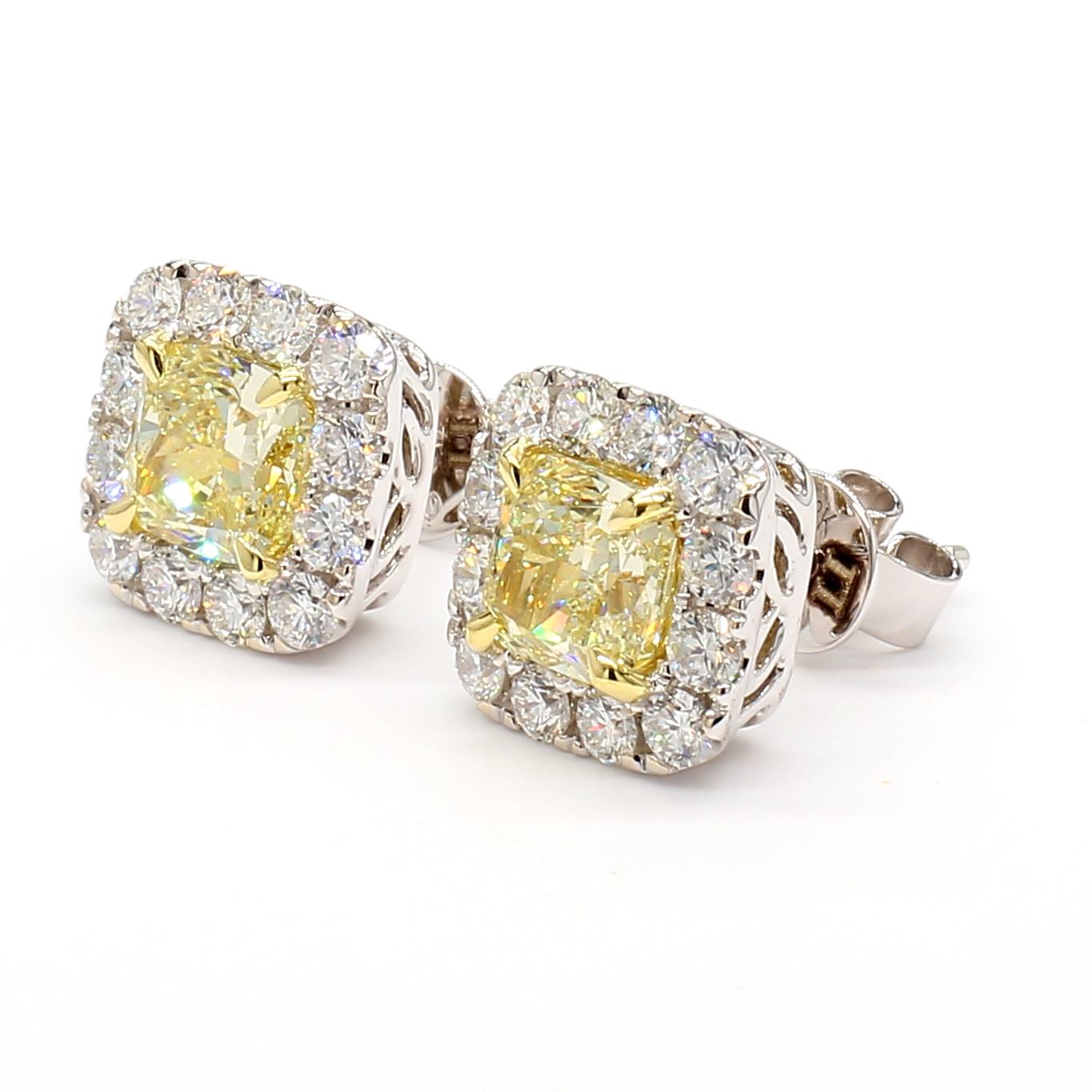 GIA Certified Natural Yellow Cushion Diamond 2.93 Carat TW Gold Stud Earrings