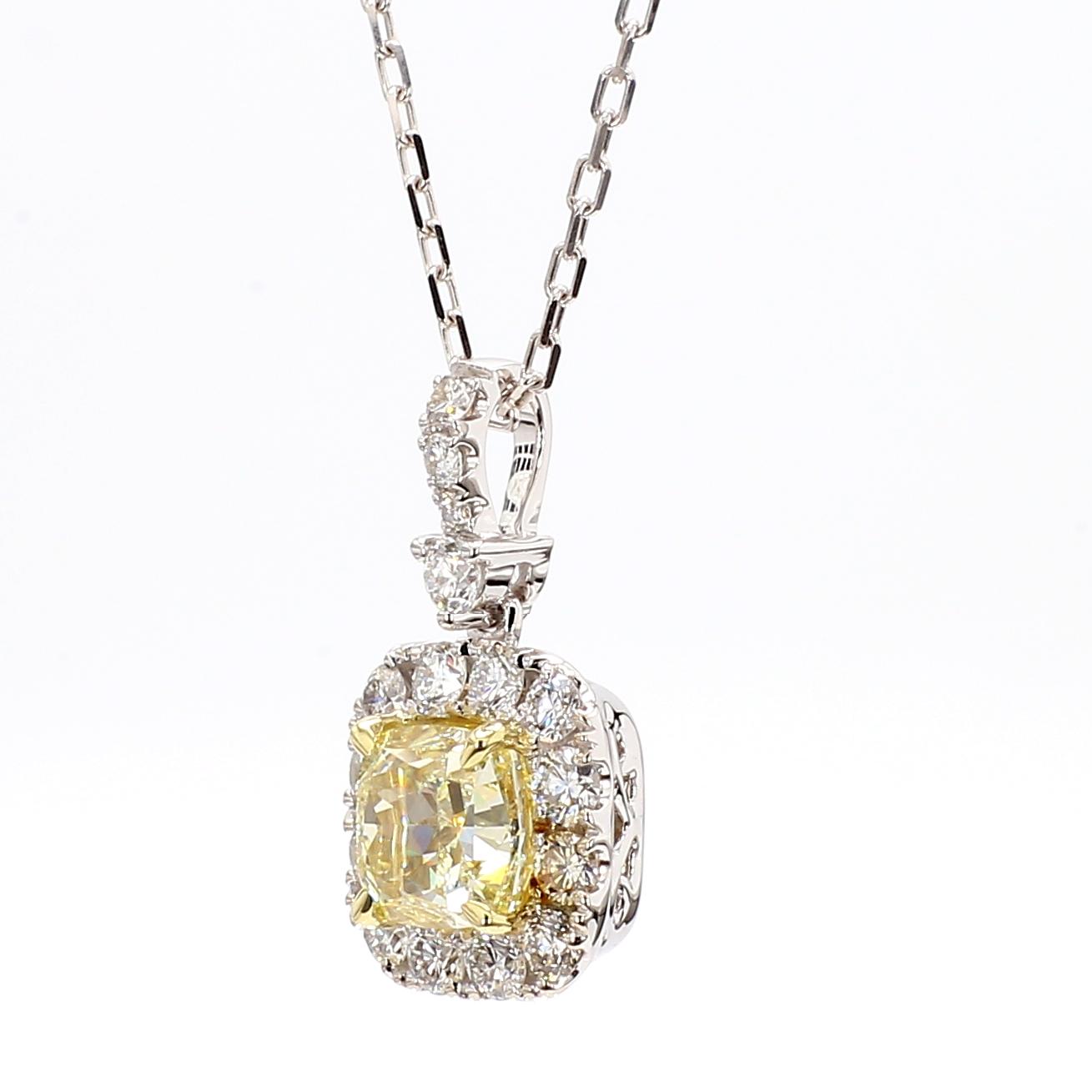 GIA Certified Natural Yellow Cushion Diamond 2.18 Carat TW Gold Drop Pendant