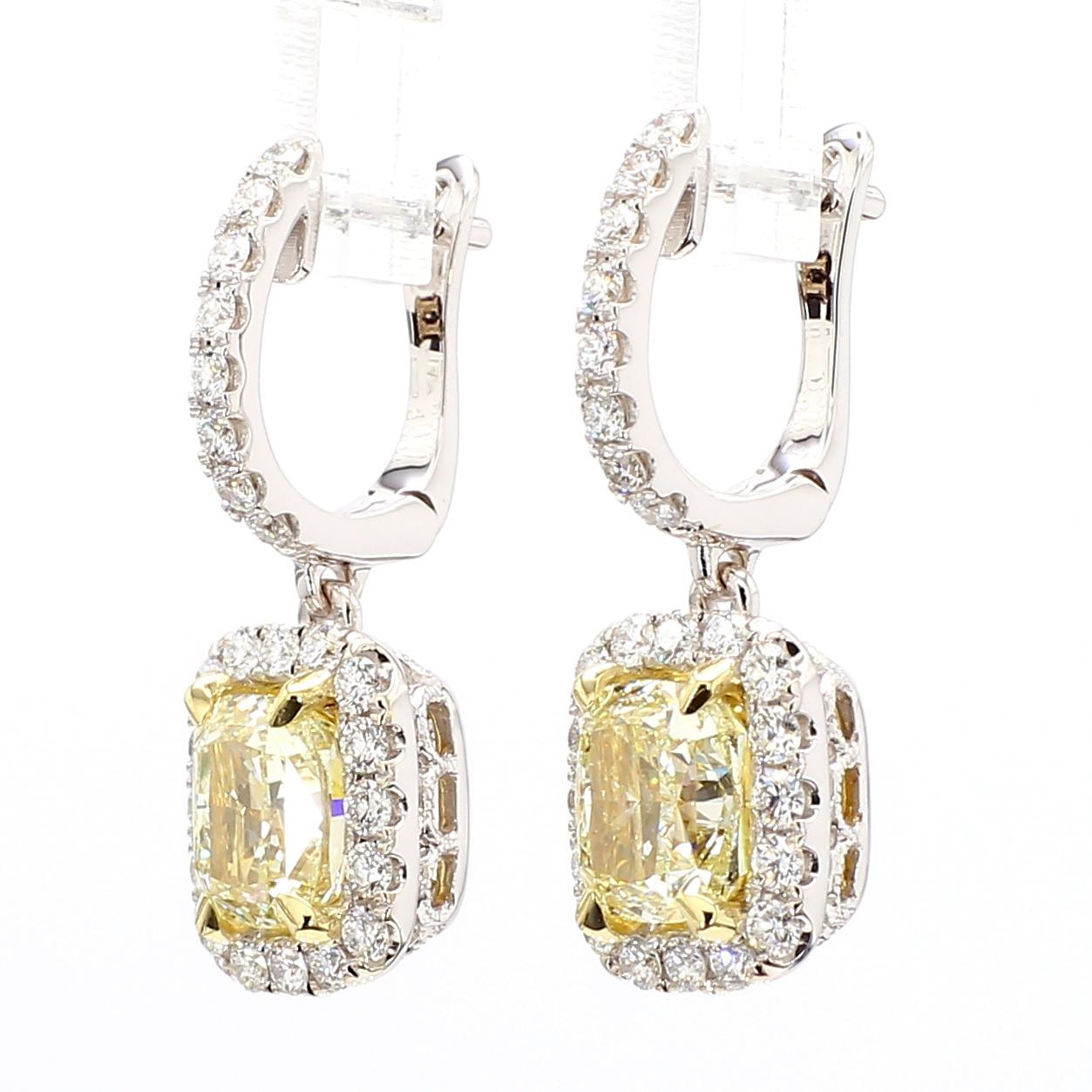 GIA Certified Natural Yellow Cushion Diamond 4.07 Carat TW Gold Drop Earrings