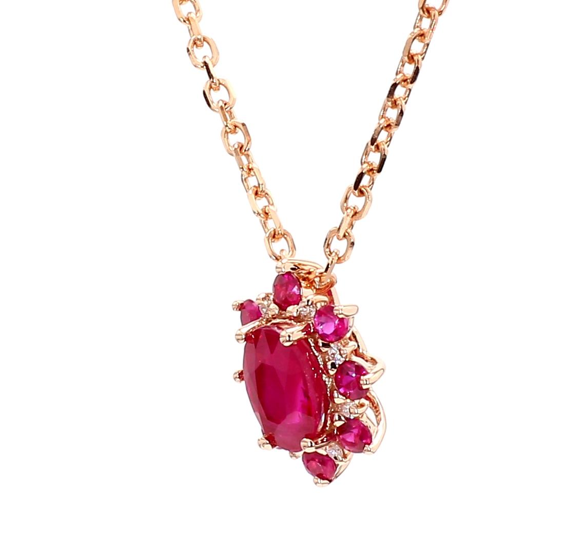 Natural Oval Red Ruby and White Diamond .83 Carat TW Rose Gold Pendant