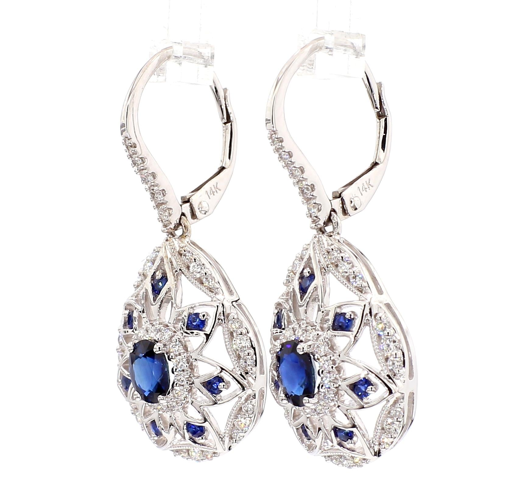 Natural Blue Oval Sapphire and White Diamond 1.67 Carat TW Gold Drop Earrings