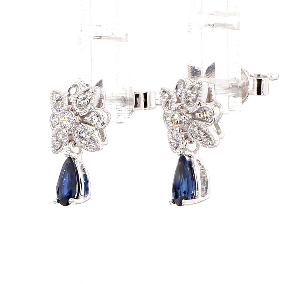 Natural Blue Pear Sapphire and White Diamond 0.80 Carat TW Gold Drop Earrings