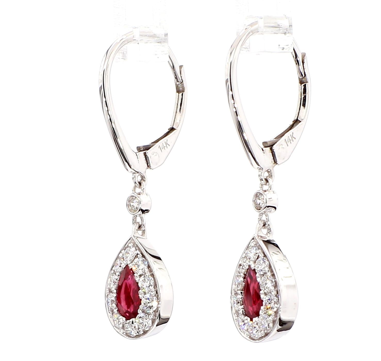 Natural Red Pear Ruby and White Diamond 0.82 Carat TW Gold Drop Earrings