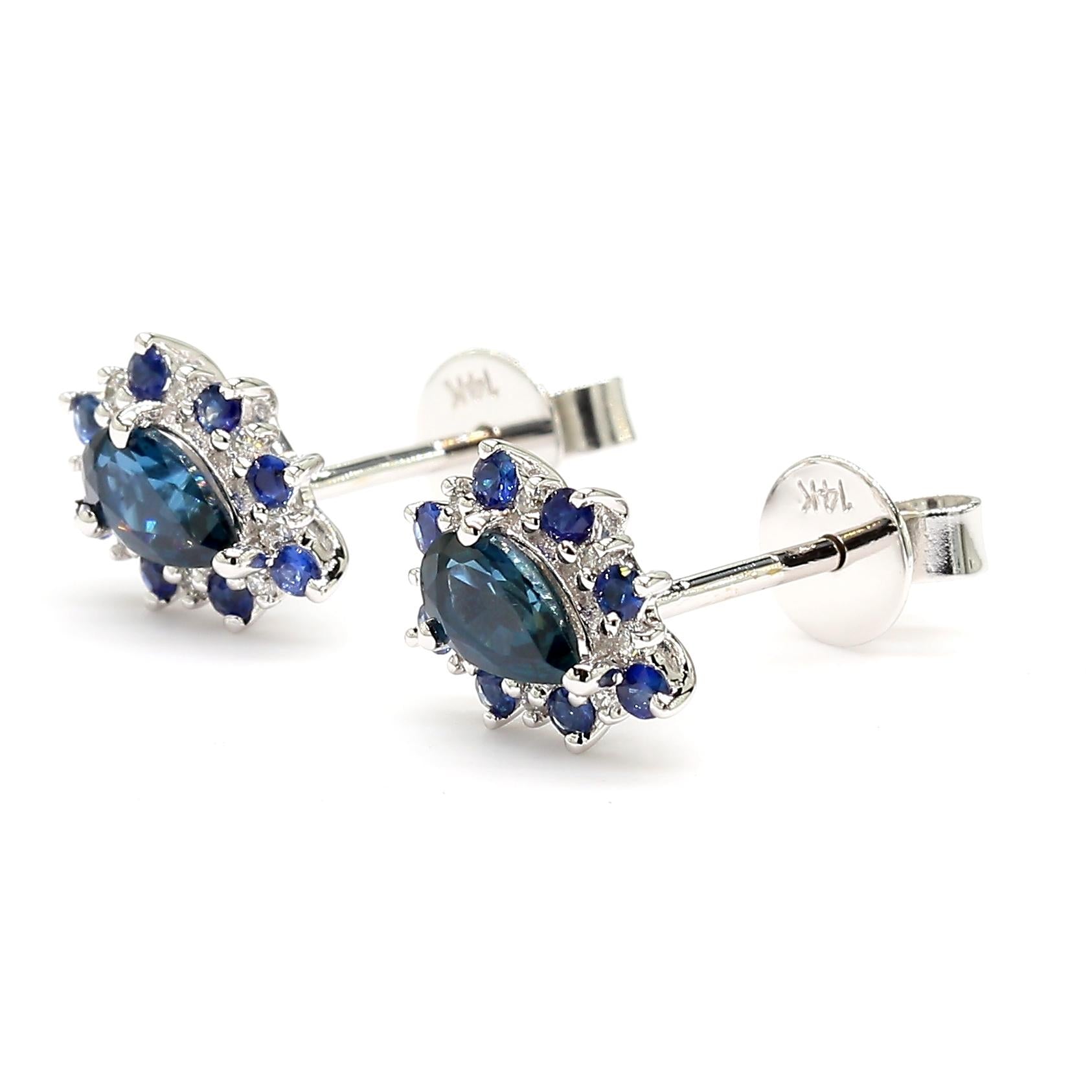 Natural Blue Pear Sapphire and White Diamond 0.82 Carat TW Gold Stud Earrings