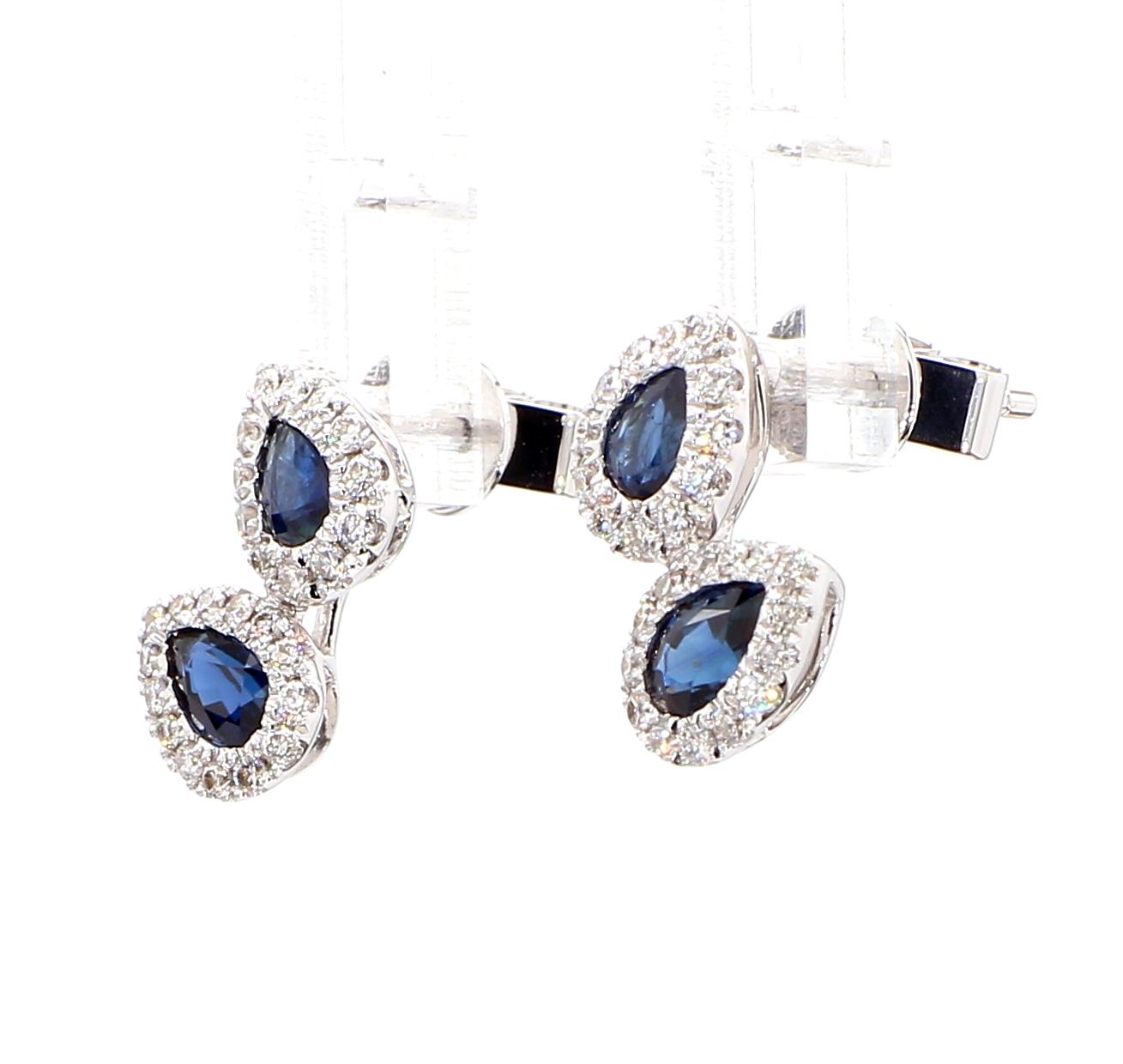 Natural Blue Pear Sapphire and White Diamond 1.33 Carat TW Gold Stud Earrings