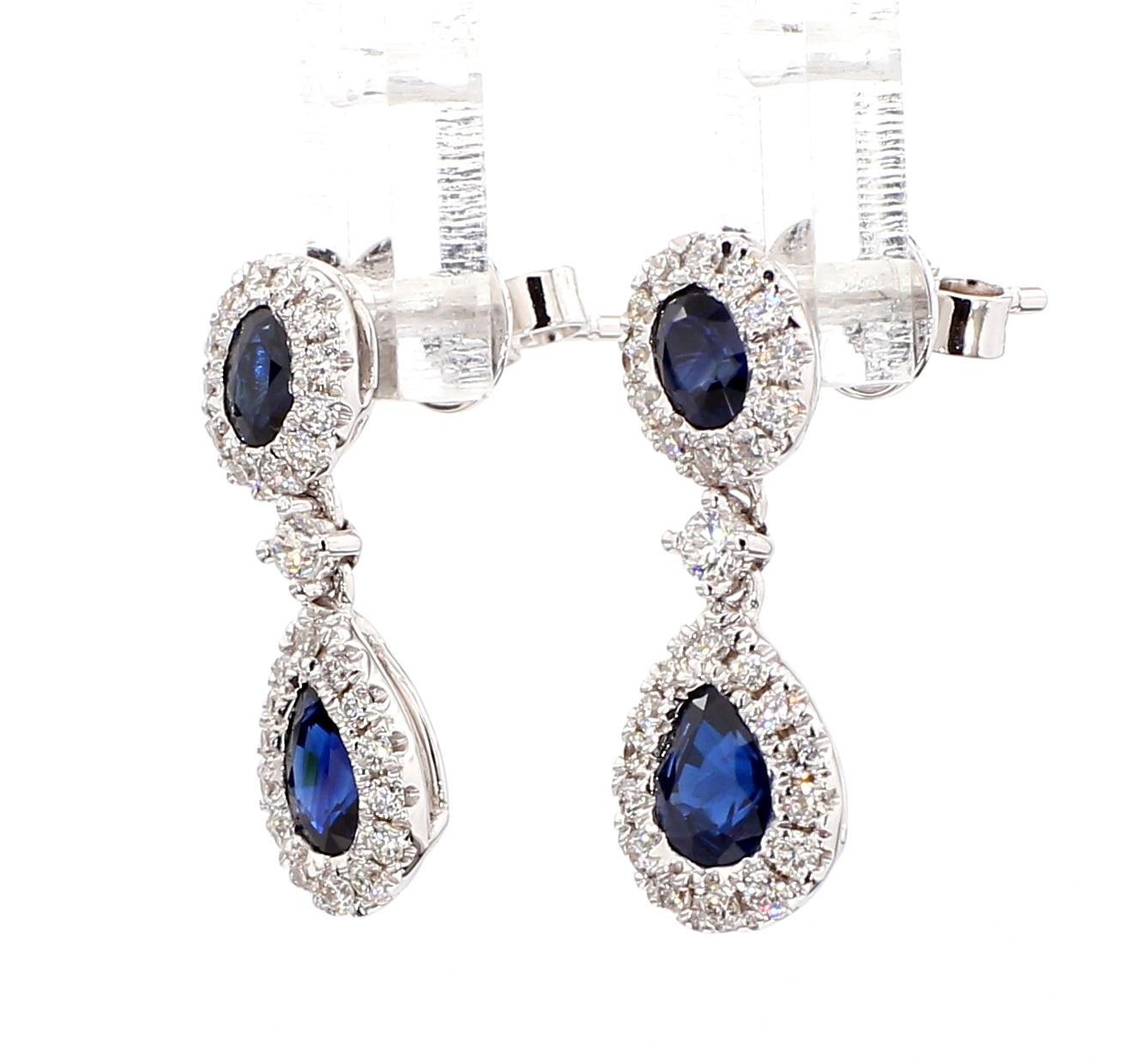 Natural Blue Pear Sapphire and White Diamond 1.66 Carat TW Gold Drop Earrings